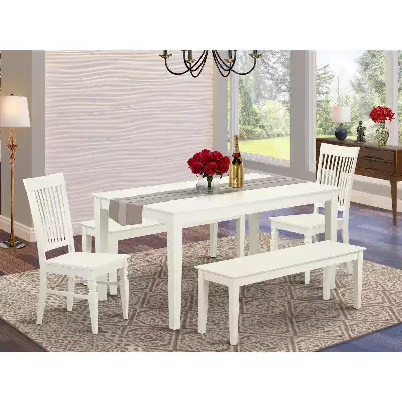 HomeStock Belmont 5 Piece dining for 6-Dining room table and 2 Chairs and 2 Benches in Linen White
