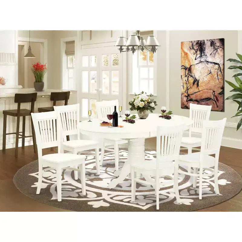 HomeStock Belmont 7-Piece Kitchen Table Set- 6 Dining Chairs with Wooden Seat - Butterfly Leaf Kitchen Dining Table - Linen White Finish