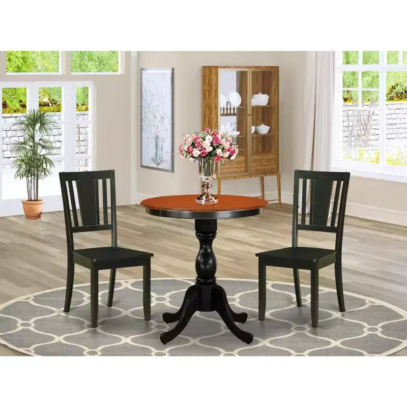 Set da pranzo moderno di metà secolo HomeStock Belmont da 3 pezzi include un tavolo in legno e 2 sedie da pranzo con schienale a doghe - Finitura nera