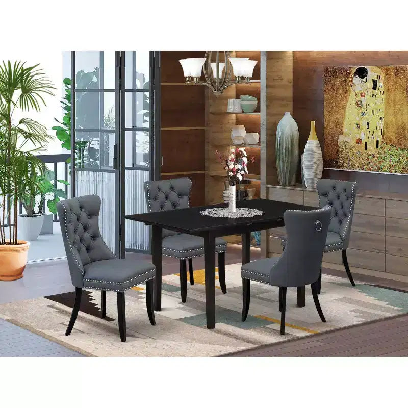 HomeStock Belmont 5 Piece Kitchen Set Consists of a Rectangle Dining Table with Butterfly Leaf and 4 Upholstered Chairs, Black