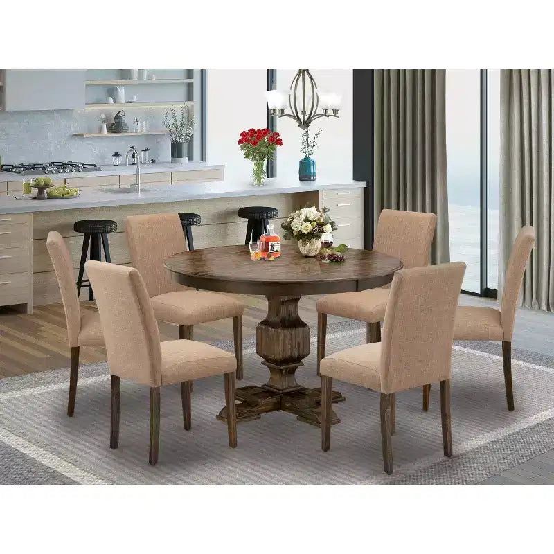 HomeStock Belmont Set Tavolo da Pranzo 7 Pezzi, Tavolo da Pranzo in Legno, 6 Sedie da Cucina in Tessuto Lino Light Sable, Schienale Alto - Finitura Jacobean Invecchiato
