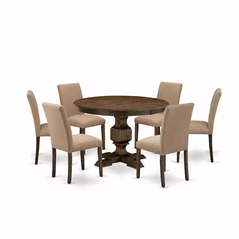 HomeStock Belmont Set Tavolo da Pranzo 7 Pezzi, Tavolo da Pranzo in Legno, 6 Sedie da Cucina in Tessuto Lino Light Sable, Schienale Alto - Finitura Jacobean Invecchiato