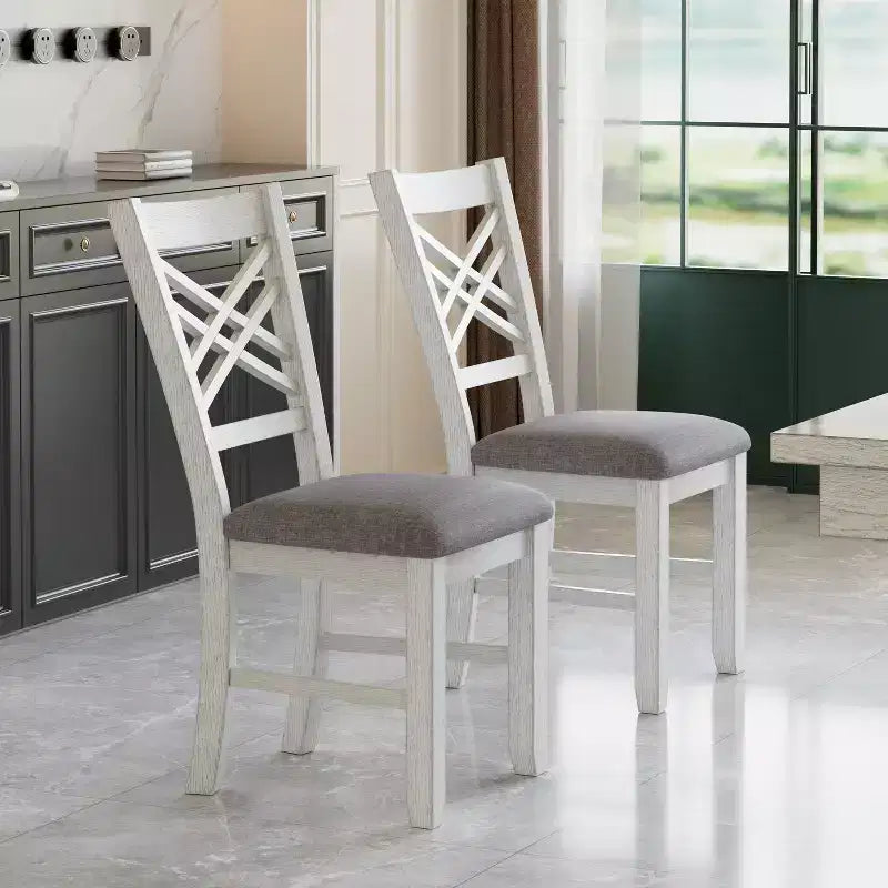 VECELO Set sala da pranzo rustico allungabile da 5 pezzi, tavolo in legno di gomma con 4 sedie da pranzo imbottite senza braccioli per cucina, grigio