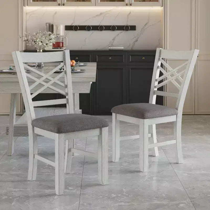 VECELO Set sala da pranzo rustico allungabile da 5 pezzi, tavolo in legno di gomma con 4 sedie da pranzo imbottite senza braccioli per cucina, grigio