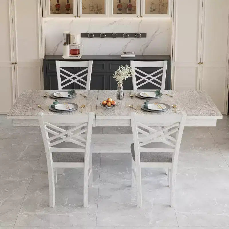 VECELO Set sala da pranzo rustico allungabile da 5 pezzi, tavolo in legno di gomma con 4 sedie da pranzo imbottite senza braccioli per cucina, grigio