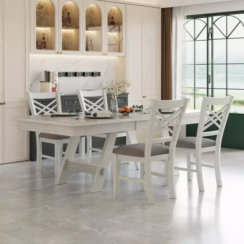 VECELO Set sala da pranzo rustico allungabile da 5 pezzi, tavolo in legno di gomma con 4 sedie da pranzo imbottite senza braccioli per cucina, grigio