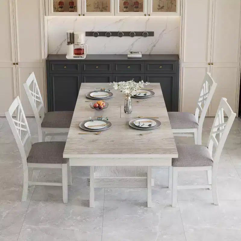 VECELO Set sala da pranzo rustico allungabile da 5 pezzi, tavolo in legno di gomma con 4 sedie da pranzo imbottite senza braccioli per cucina, grigio