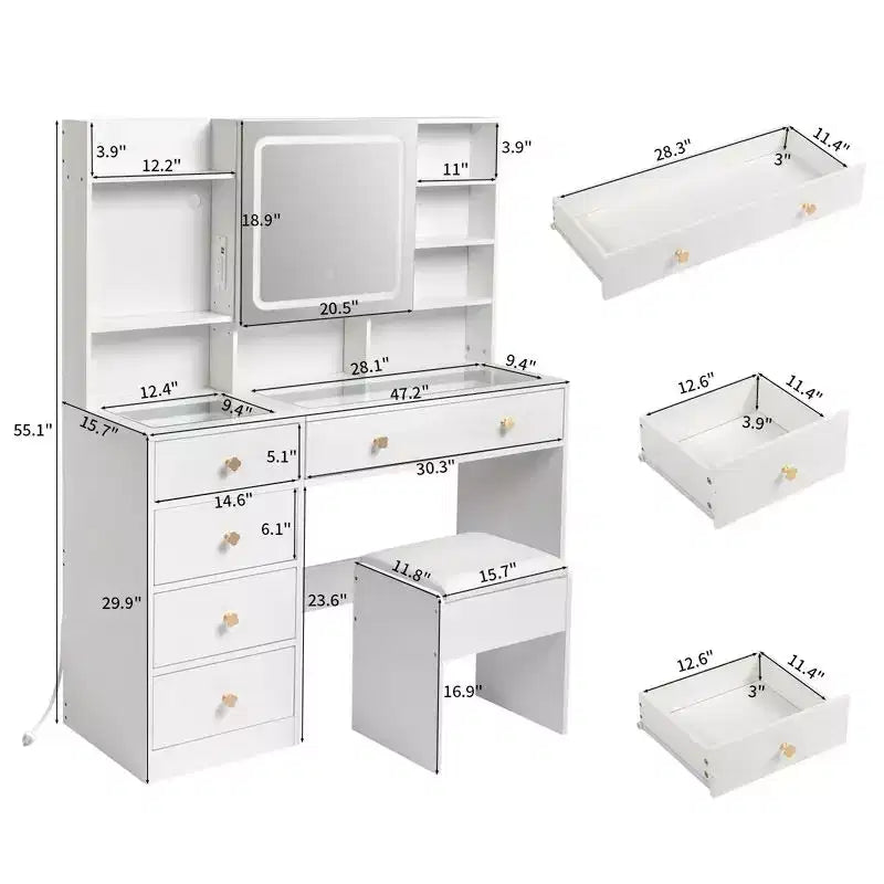 Set toeletta in truciolare bianco con ripiano in vetro temperato Trattamento Triamine