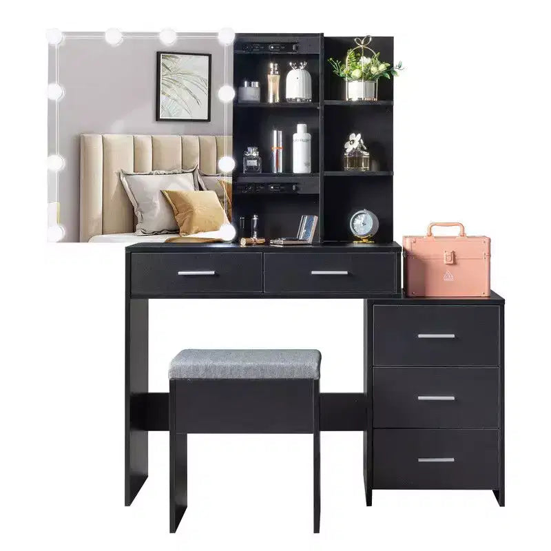Set Toilette con Mobile a Specchio, 5 Cassetti, 2 Ripiani, Anta Scorrevole, Lampada con Lampadine Dimmerabili a Tre Colori e Piano in Truciolare di Lino Nero con Triclosan