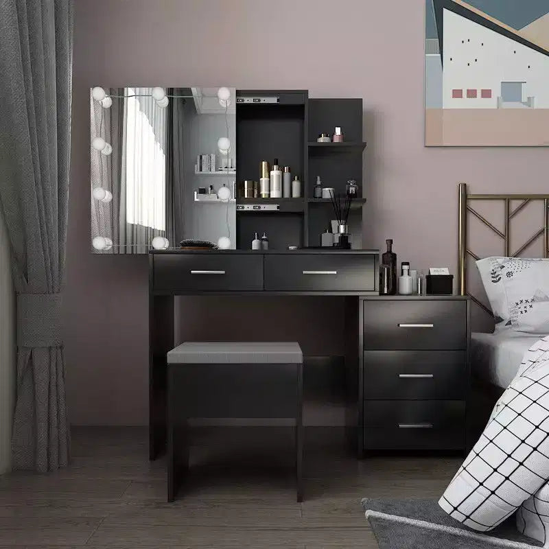 Set Toilette con Mobile a Specchio, 5 Cassetti, 2 Ripiani, Anta Scorrevole, Lampada con Lampadine Dimmerabili a Tre Colori e Piano in Truciolare di Lino Nero con Triclosan