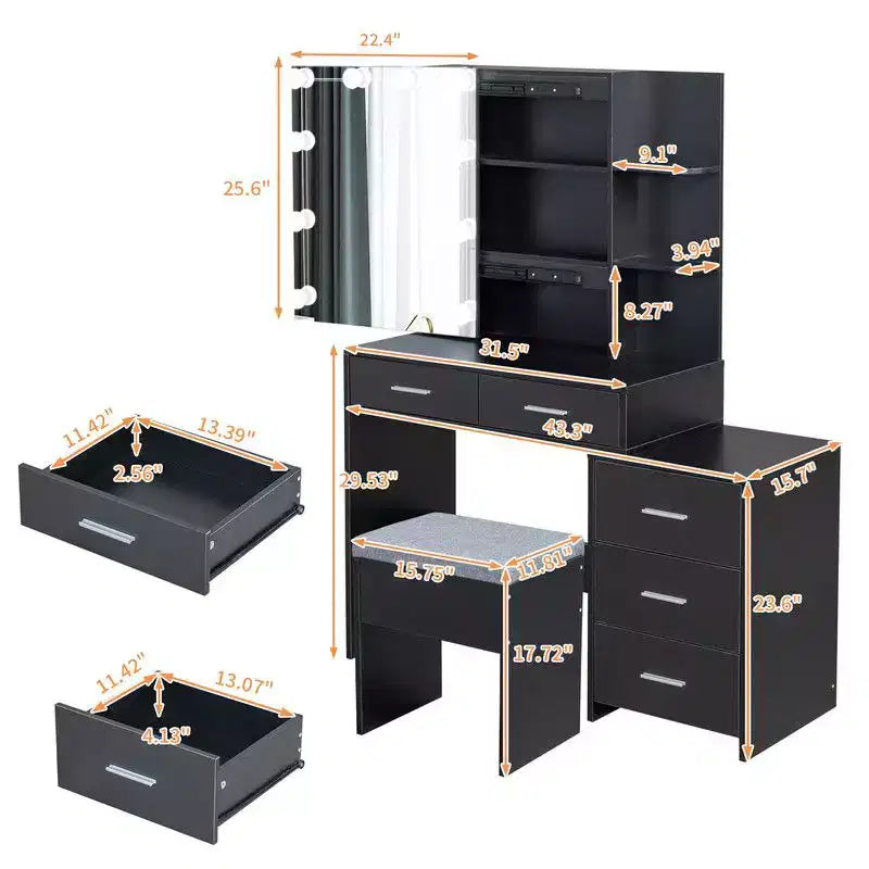 Set Toilette con Mobile a Specchio, 5 Cassetti, 2 Ripiani, Anta Scorrevole, Lampada con Lampadine Dimmerabili a Tre Colori e Piano in Truciolare di Lino Nero con Triclosan