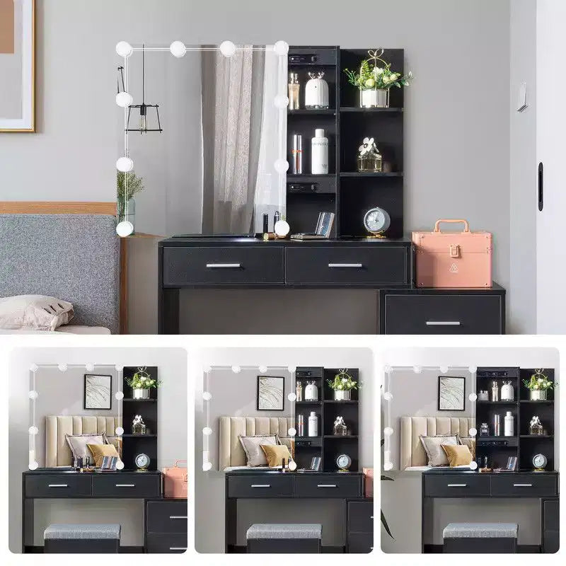 Set Toilette con Mobile a Specchio, 5 Cassetti, 2 Ripiani, Anta Scorrevole, Lampada con Lampadine Dimmerabili a Tre Colori e Piano in Truciolare di Lino Nero con Triclosan
