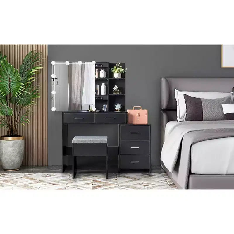 Set Toilette con Mobile a Specchio, 5 Cassetti, 2 Ripiani, Anta Scorrevole, Lampada con Lampadine Dimmerabili a Tre Colori e Piano in Truciolare di Lino Nero con Triclosan