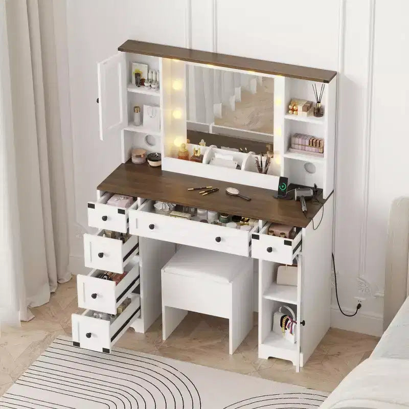 GustoWave Tavolino da Trucco e Sgabello, Scrivania Trucco con Luci, Tavolo da Trucco Bianco con Stazione di Ricarica, 6 Cassetti e Armadietti