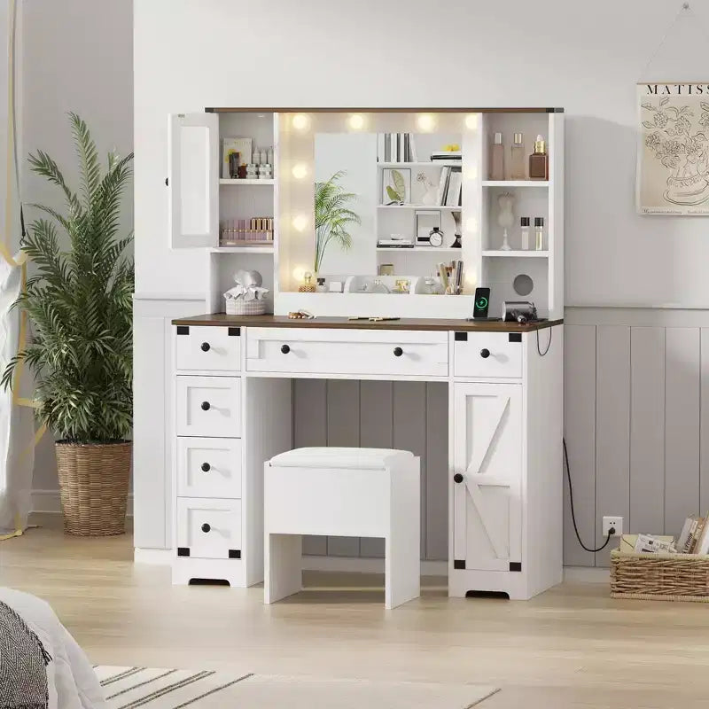 GustoWave Tavolino da Trucco e Sgabello, Scrivania Trucco con Luci, Tavolo da Trucco Bianco con Stazione di Ricarica, 6 Cassetti e Armadietti