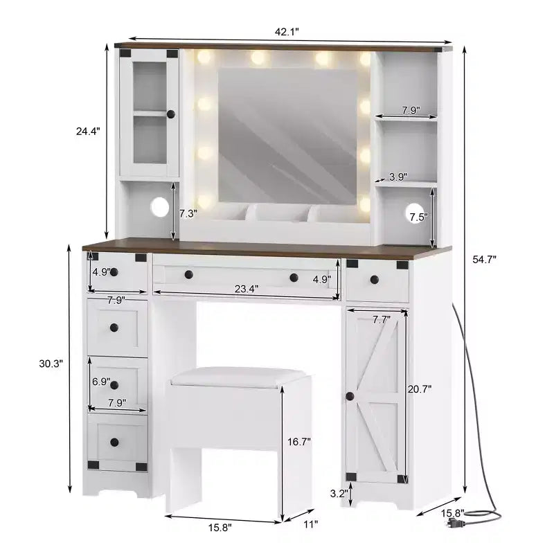GustoWave Tavolino da Trucco e Sgabello, Scrivania Trucco con Luci, Tavolo da Trucco Bianco con Stazione di Ricarica, 6 Cassetti e Armadietti