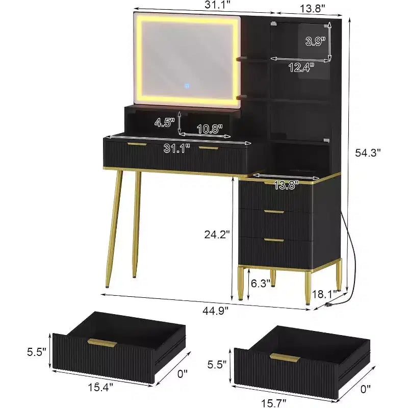 GustoWave Scrivania da trucco con specchio e luci, tavolo da trucco con 5 cassetti e ripiani, illuminazione regolabile a 3 colori, presa di corrente, toeletta
