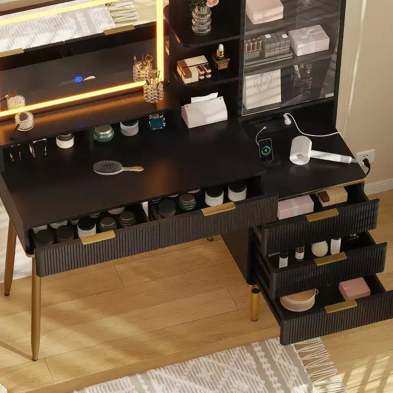 GustoWave Scrivania da trucco con specchio e luci, tavolo da trucco con 5 cassetti e ripiani, illuminazione regolabile a 3 colori, presa di corrente, toeletta