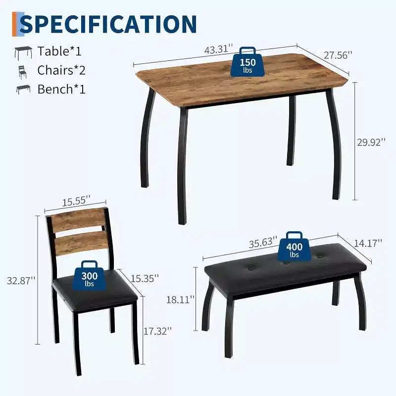 Set da pranzo Coolmee per 4 persone, tavolo da cucina con panca imbottita e 2 sedie, set da pranzo di 4 pezzi per piccoli spazi, appartamento