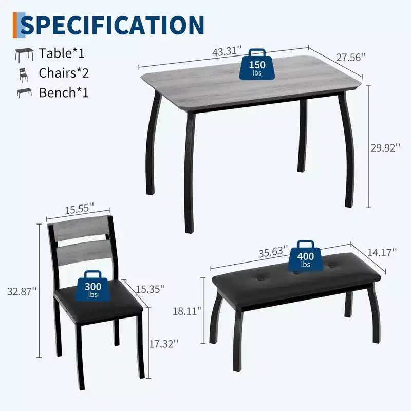 Set da pranzo Coolmee per 4 persone, tavolo da cucina con panca imbottita e 2 sedie, set da pranzo di 4 pezzi per piccoli spazi, appartamento