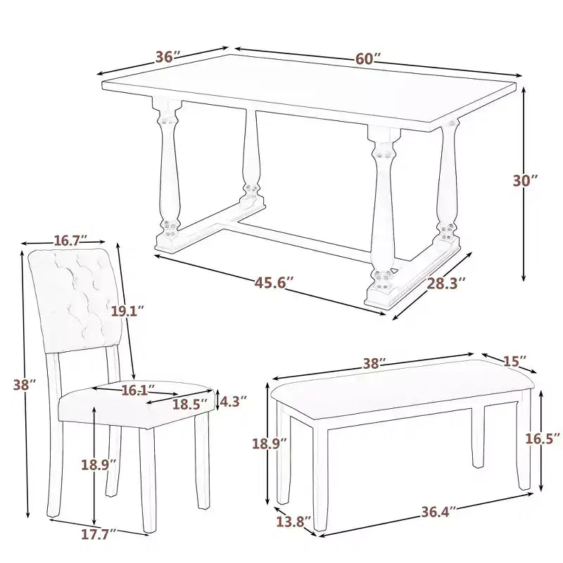 Set da tavolo da pranzo per 6 persone con panca, tavolo rettangolare e 4 sedie imbottite per cucina