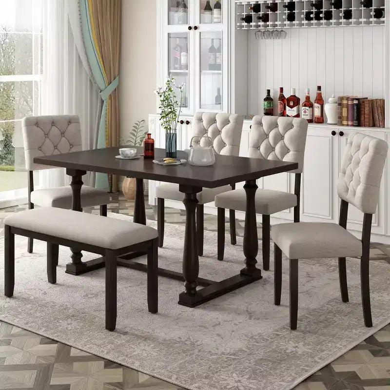 Dining Table Set for 6 with Bench Rectangular Table and 4 Upholstered Chairs for Kitchen