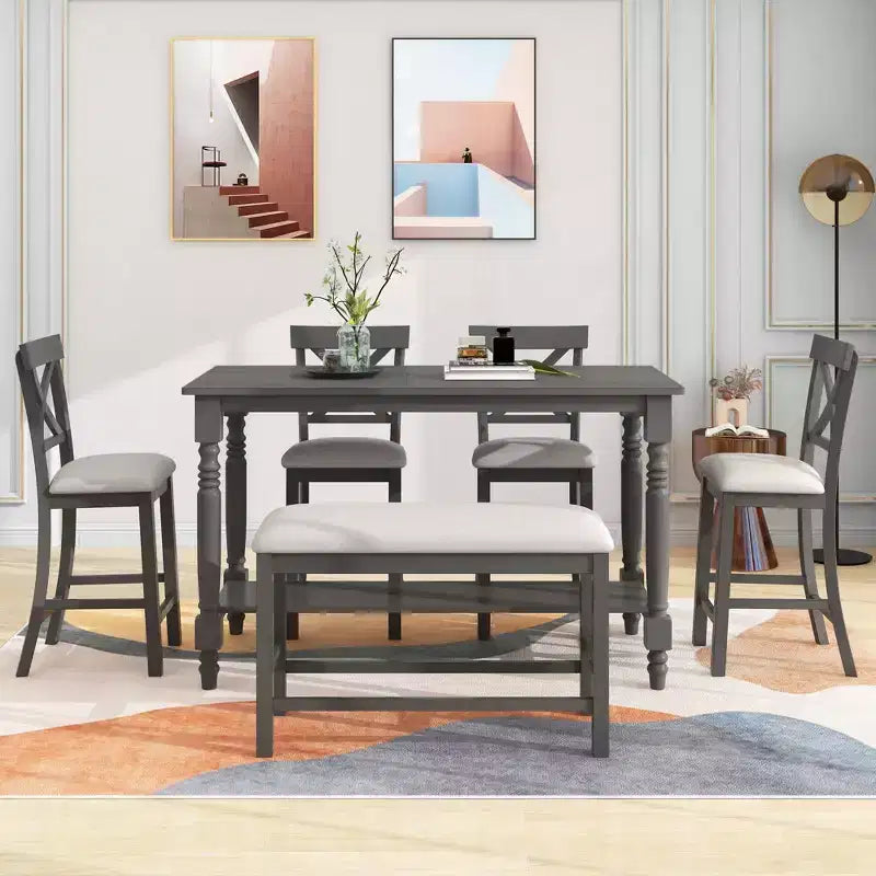 Set da pranzo da 6 pezzi altezza bancone stile rustico, tavolo rettangolare con ripiano, 4 sedie e panca