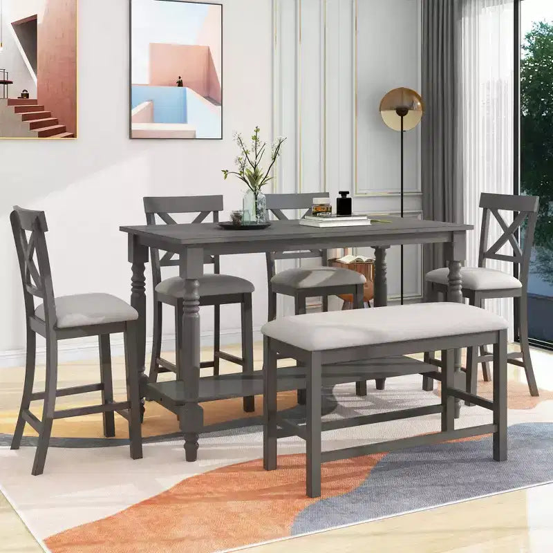 Set da pranzo da 6 pezzi altezza bancone stile rustico, tavolo rettangolare con ripiano, 4 sedie e panca