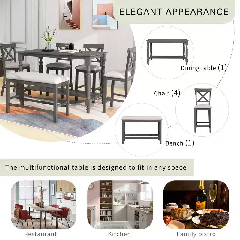 Set da pranzo da 6 pezzi altezza bancone stile rustico, tavolo rettangolare con ripiano, 4 sedie e panca