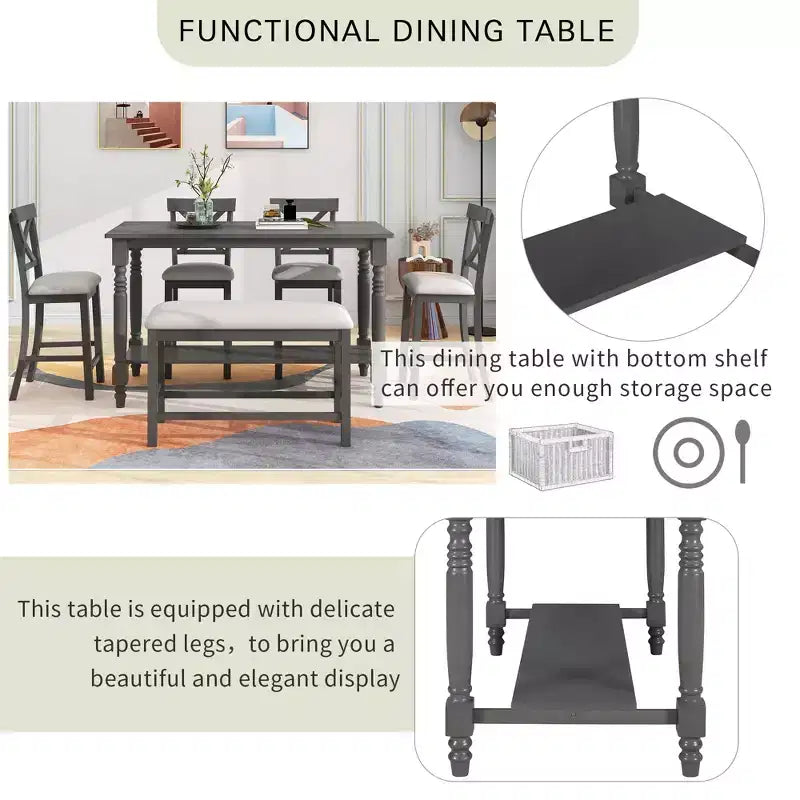 Set da pranzo da 6 pezzi altezza bancone stile rustico, tavolo rettangolare con ripiano, 4 sedie e panca