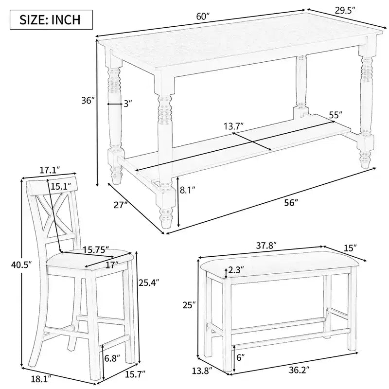 Set da pranzo da 6 pezzi altezza bancone stile rustico, tavolo rettangolare con ripiano, 4 sedie e panca