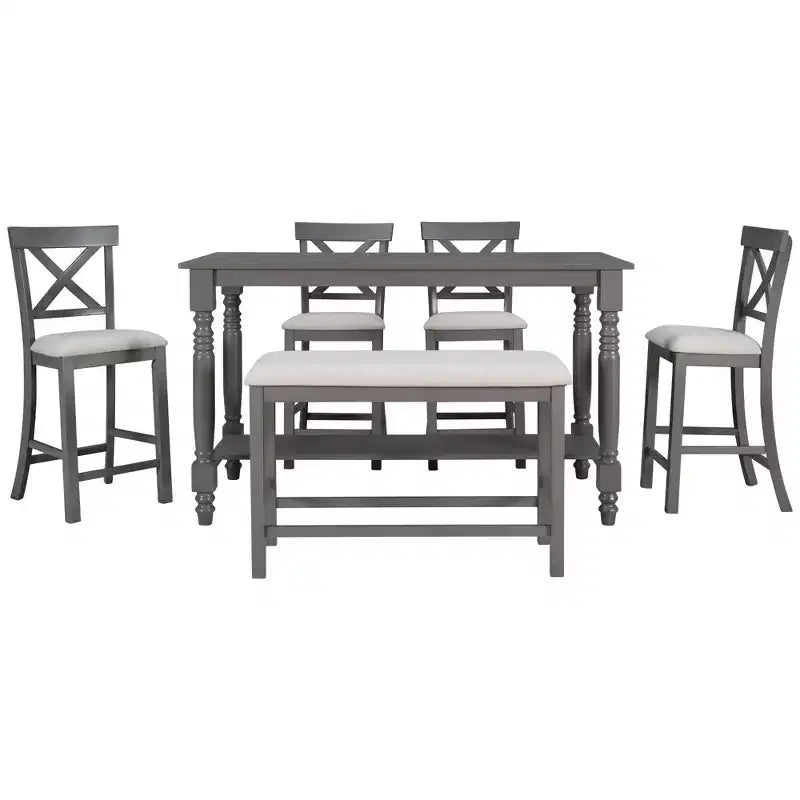 Set da pranzo da 6 pezzi altezza bancone stile rustico, tavolo rettangolare con ripiano, 4 sedie e panca