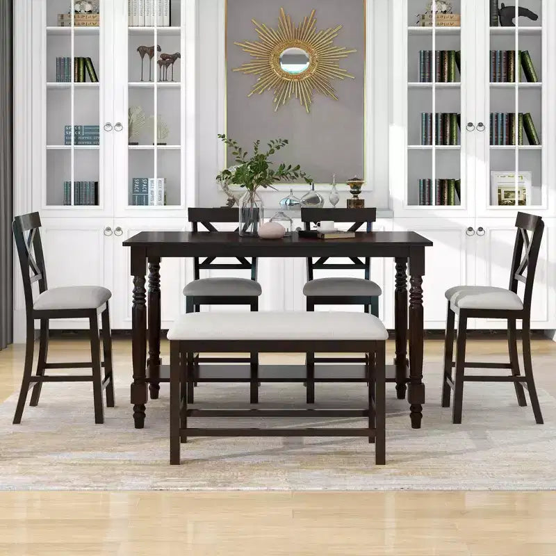 Set da pranzo da 6 pezzi altezza bancone stile rustico, tavolo rettangolare con ripiano, 4 sedie e panca