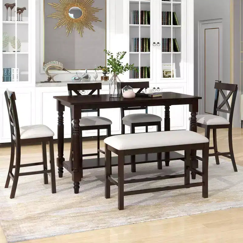 Set da pranzo da 6 pezzi altezza bancone stile rustico, tavolo rettangolare con ripiano, 4 sedie e panca