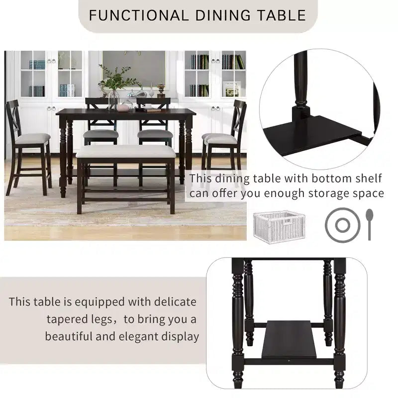 Set da pranzo da 6 pezzi altezza bancone stile rustico, tavolo rettangolare con ripiano, 4 sedie e panca