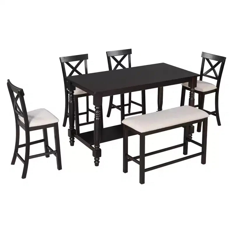 Set da pranzo da 6 pezzi altezza bancone stile rustico, tavolo rettangolare con ripiano, 4 sedie e panca