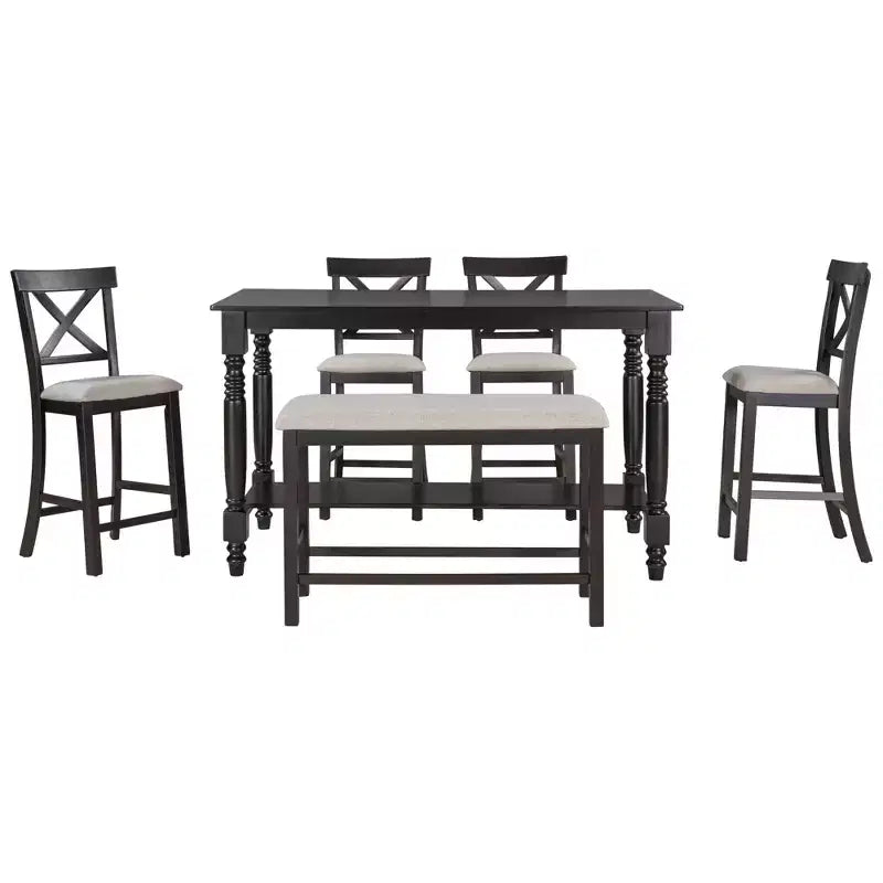 Set da pranzo da 6 pezzi altezza bancone stile rustico, tavolo rettangolare con ripiano, 4 sedie e panca