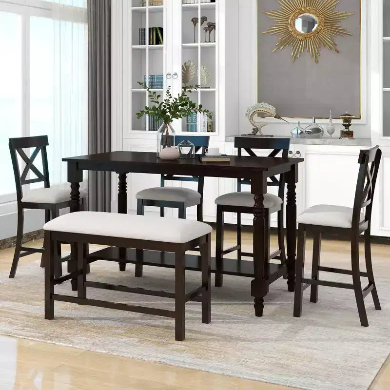 Farmhouse Counter Height Dining Table Set for 6, Rectangular Table with Shelf and 4 Chairs & Bench