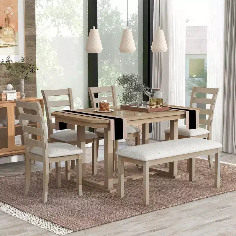 Set tavolo da pranzo per 6 con piano effetto legno, set tavolo da cucina con sedie e panca