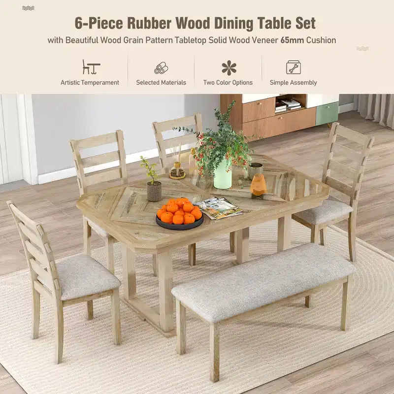 Set tavolo da pranzo per 6 con piano effetto legno, set tavolo da cucina con sedie e panca