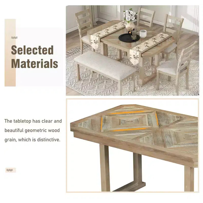 Set tavolo da pranzo per 6 con piano effetto legno, set tavolo da cucina con sedie e panca