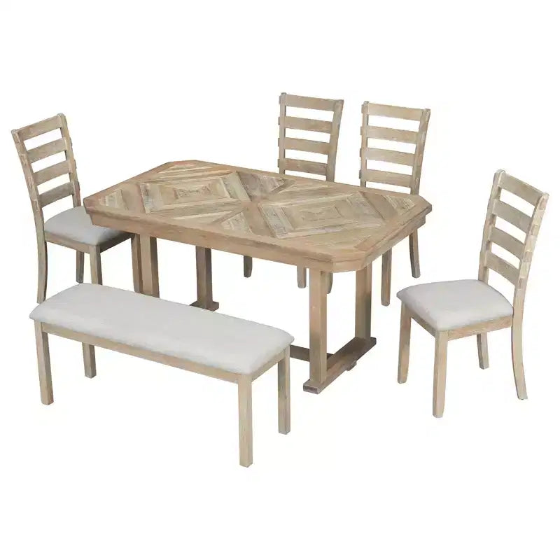 Set tavolo da pranzo per 6 con piano effetto legno, set tavolo da cucina con sedie e panca