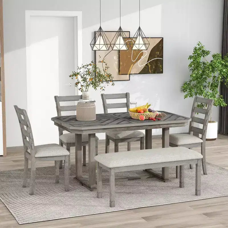 Set tavolo da pranzo per 6 con piano effetto legno, set tavolo da cucina con sedie e panca