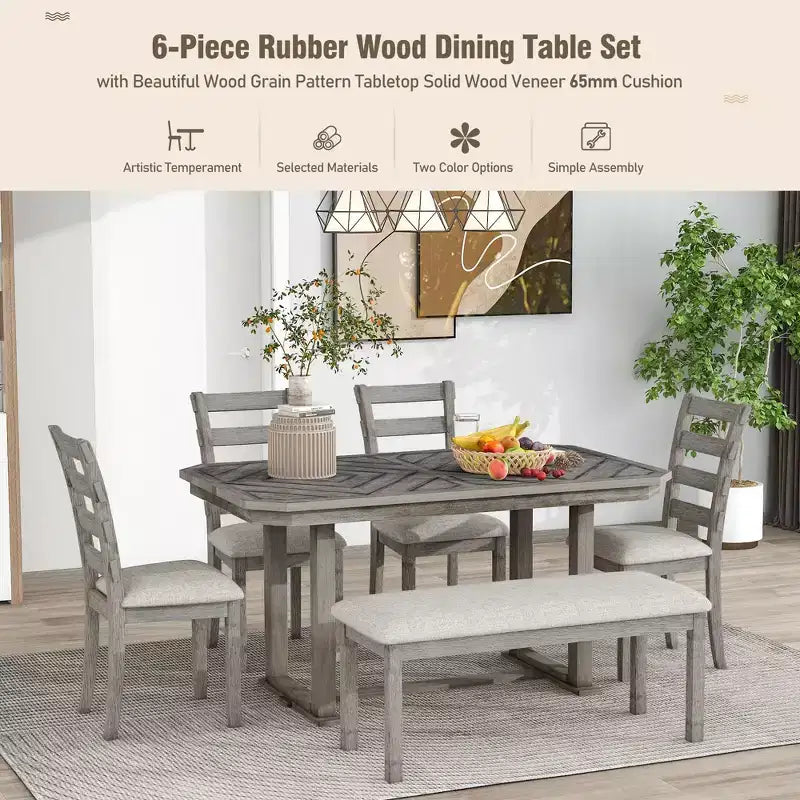 Set tavolo da pranzo per 6 con piano effetto legno, set tavolo da cucina con sedie e panca
