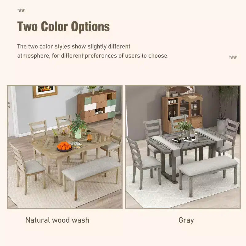 Set tavolo da pranzo per 6 con piano effetto legno, set tavolo da cucina con sedie e panca
