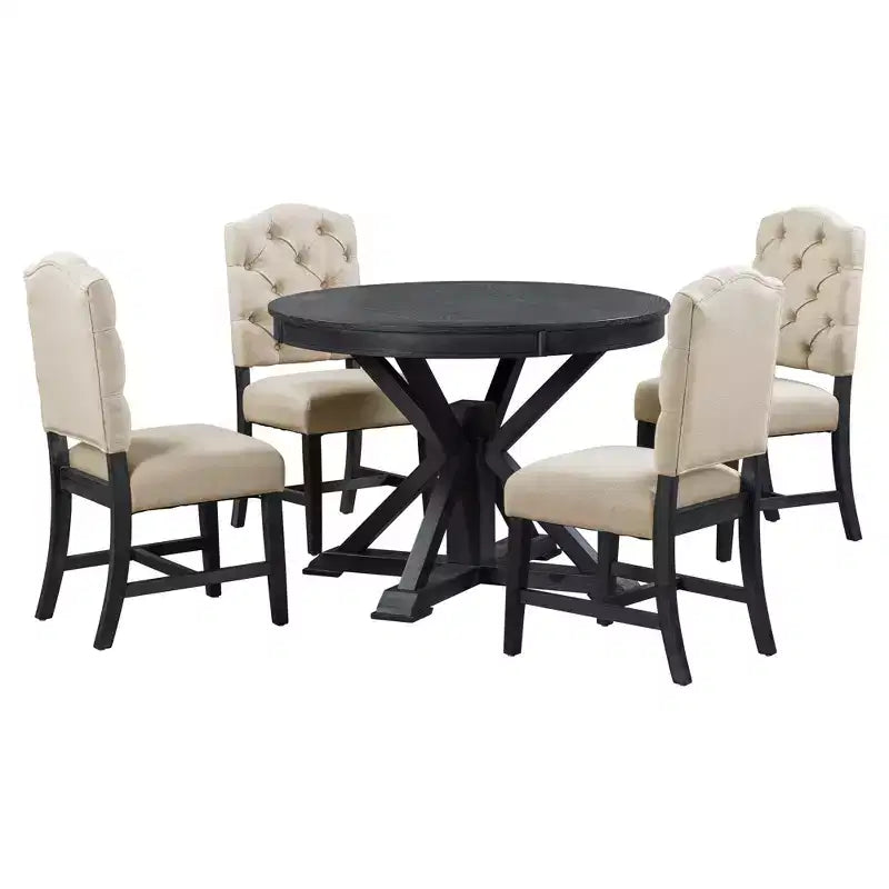 Set Tavolo da Pranzo Allungabile per 4, Tavolo Rotondo in Legno con 4 Sedie Imbottite per Cucina