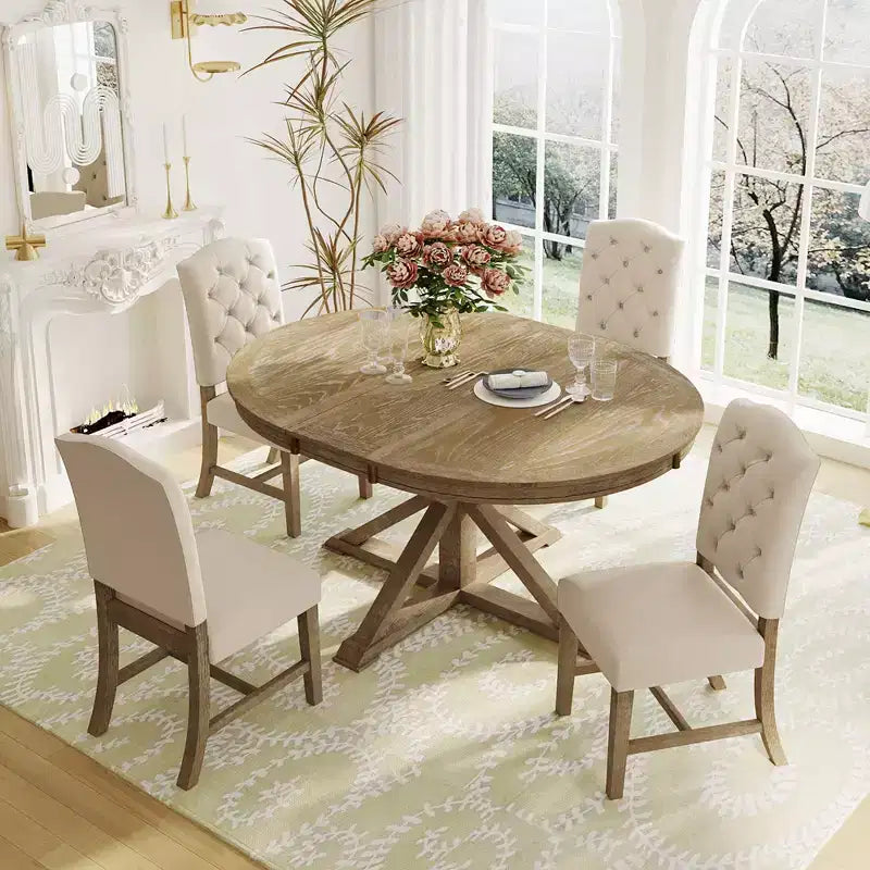 Set Tavolo da Pranzo Allungabile per 4, Tavolo Rotondo in Legno con 4 Sedie Imbottite per Cucina