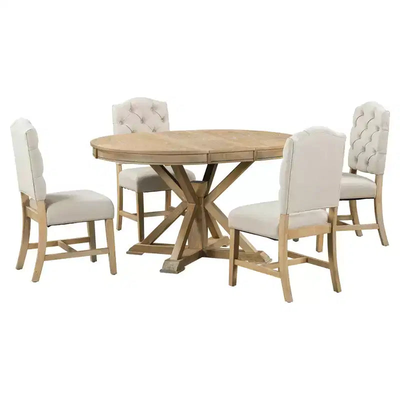 Set Tavolo da Pranzo Allungabile per 4, Tavolo Rotondo in Legno con 4 Sedie Imbottite per Cucina