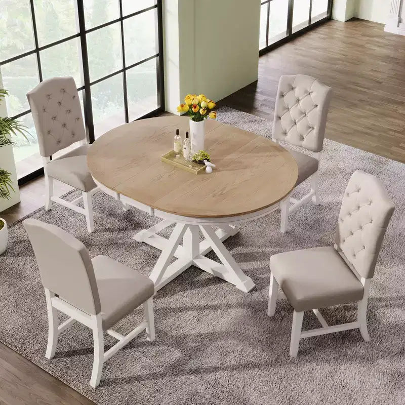 Set Tavolo da Pranzo Allungabile per 4, Tavolo Rotondo in Legno con 4 Sedie Imbottite per Cucina