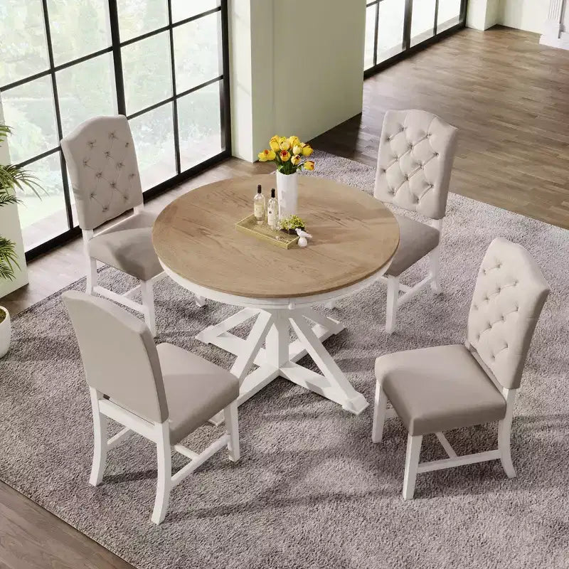 Set Tavolo da Pranzo Allungabile per 4, Tavolo Rotondo in Legno con 4 Sedie Imbottite per Cucina